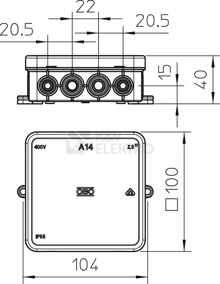 Obrázek produktu Krabice OBO A14 IP55 100x100x40 2000378 2