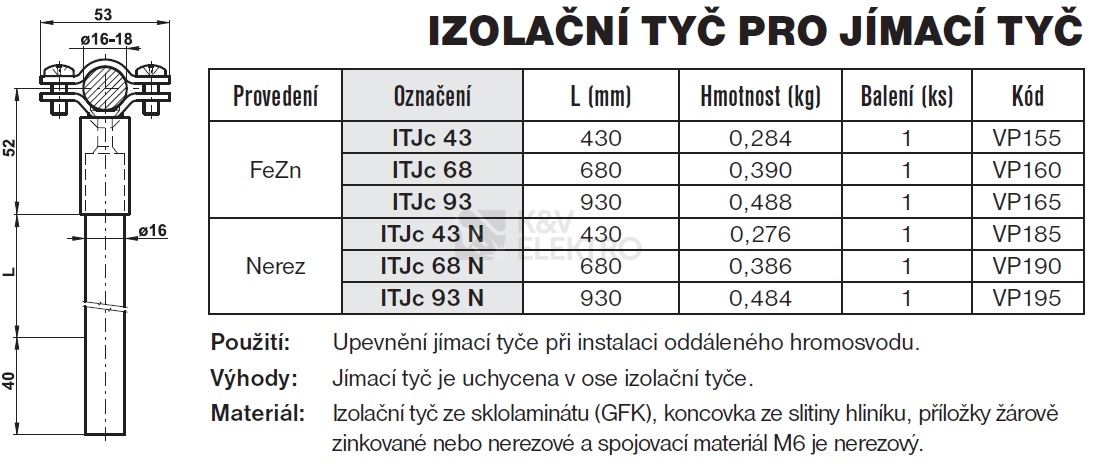 Obrázek produktu Izolační tyč pro jímací tyč ITJc 68 TREMIS VP160 1