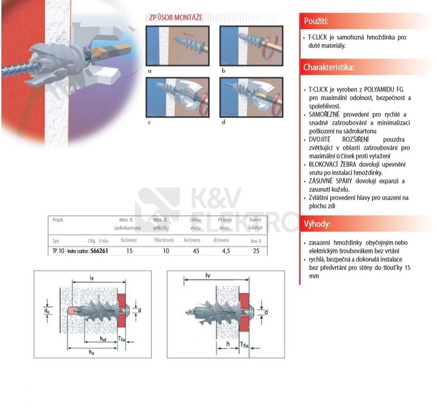 Obrázek produktu  Hmoždinky do sádrokartonu Elematic T-CLICK plus šroub 4,5x45 (25ks) 566261 1