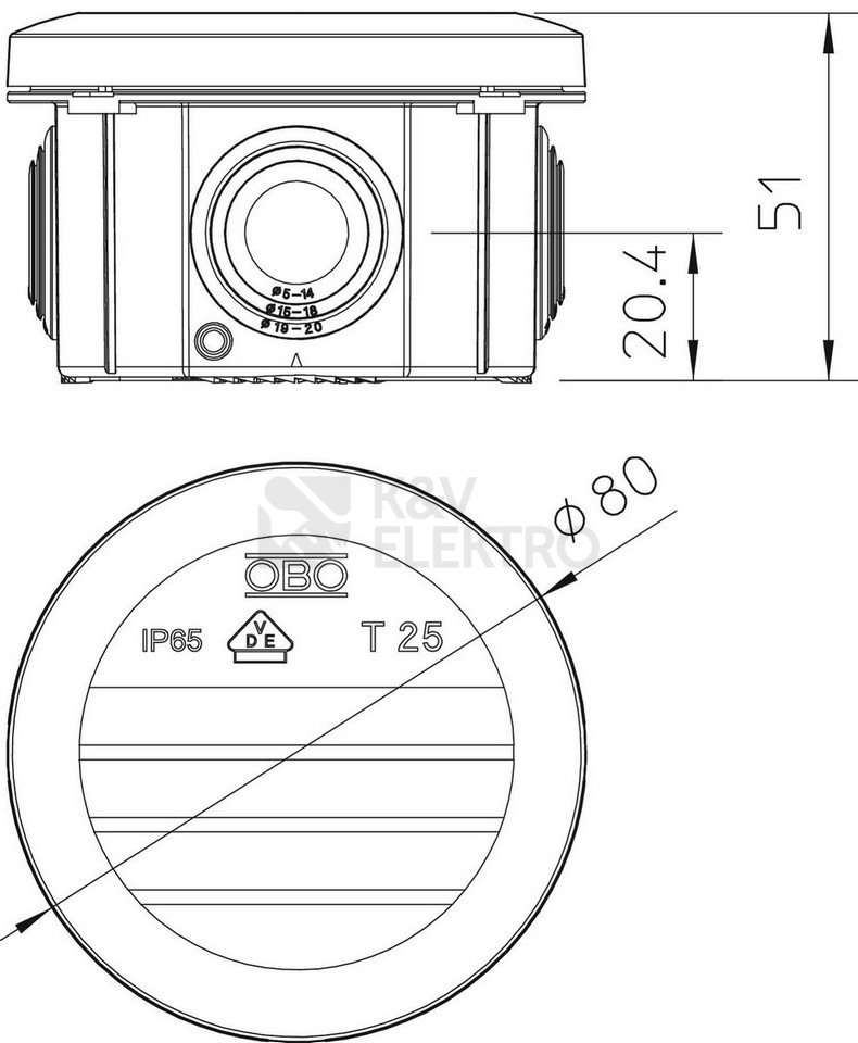 Obrázek produktu Krabice OBO T25 IP65 80x51 2007029 2