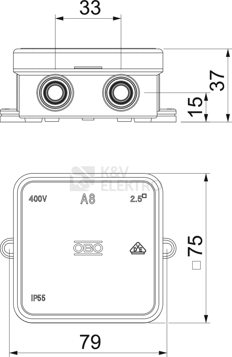 Obrázek produktu Krabice OBO A8 IP54 75x75x36 2000016 2