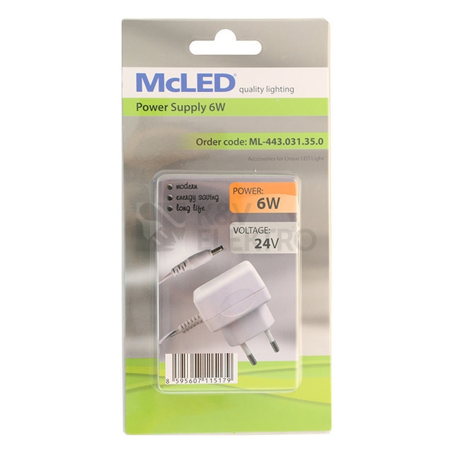 Obrázek produktu  Napájecí zdroj McLED 24VDC 6W 250mA souosý konektor 3,5mm ML-443.031.35.0 2