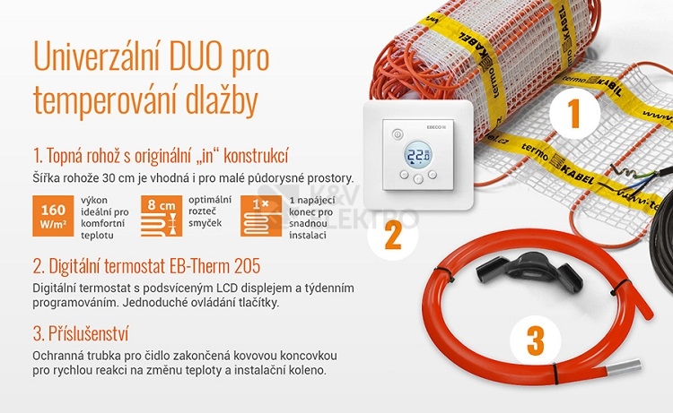 Obrázek produktu Topná rohož s termostatem K&V thermo sada Classic KIT 4,8 (768W) jeden studený konec 2