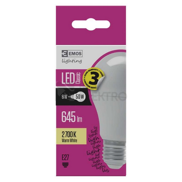 Obrázek produktu  LED žárovka E27 EMOS Classic A60 8W (50W) teplá bílá (2700K) 3