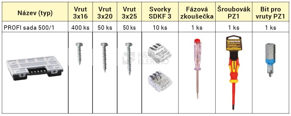 Obrázek produktu PROFI sada přístrojových vrutů pro elektroinstalační krabice UK/KU 68 + šroubovák a fázová zkoušečka 1015001 2