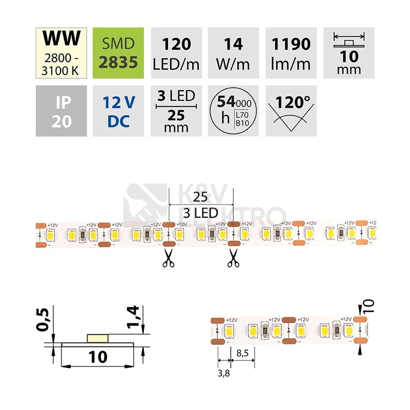 Obrázek produktu LED pásek McLED 12V teplá bílá š=10mm IP20 14W/m 120LED/m ML-121.367.60.0 (5m) 3