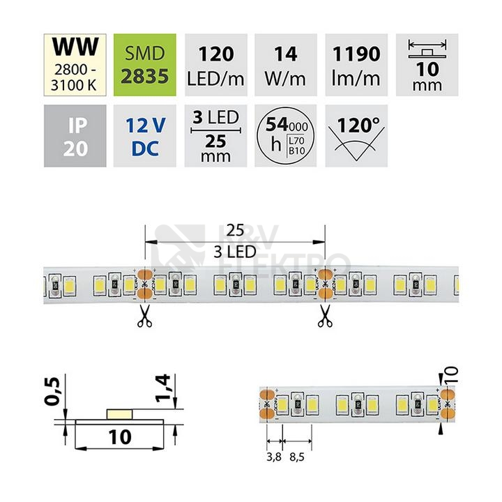 Obrázek produktu LED pásek McLED 12V teplá bílá š=10mm IP20 14W/m 120LED/m ML-121.367.60.0 (5m) 8
