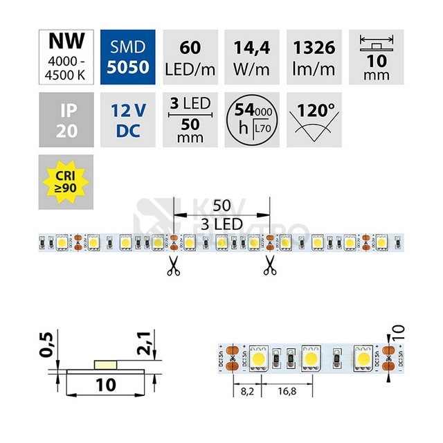 Obrázek produktu LED pásek McLED 12V neutrální bílá š=10mm IP20 14,4W/m 60LED/m SMD5050 ML-121.665.60.0 5