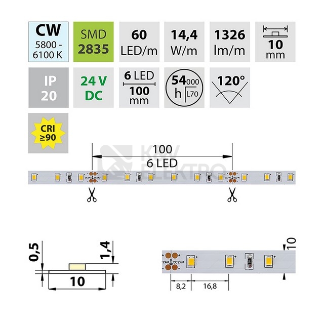 Obrázek produktu LED pásek McLED 24V studená bílá CRI90 š=10mm IP20 14,4W/m 60LED/m SMD2835 ML-126.702.60.2 1