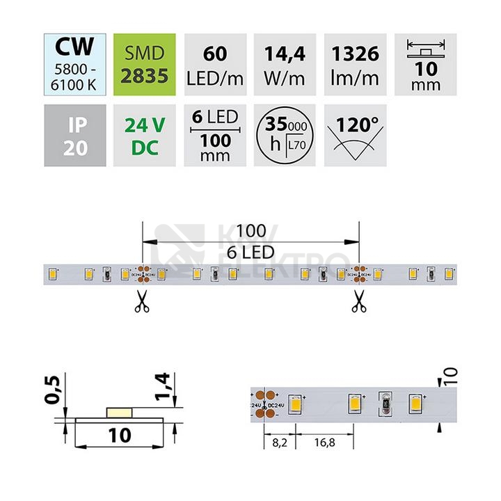 Obrázek produktu LED pásek McLED 24V studená bílá CRI90 š=10mm IP20 14,4W/m 60LED/m SMD2835 ML-126.702.60.2 4