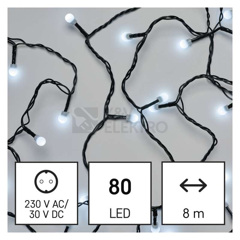 Obrázek produktu Vánoční osvětlení EMOS D5AC06 ZY2027 80LED řetěz 8m kuličky studená bílá 8 programů svícení 0