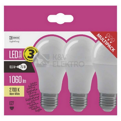 Obrázek produktu LED žárovka E27 EMOS Classic A60 10,7W (75W) teplá bílá (2700K), 3ks v balení ZQ5150.3 1