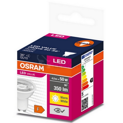 Obrázek produktu LED žárovka GU10 PAR16 OSRAM VALUE 4,5W (35W) teplá bílá (3000K), reflektor 36° 1