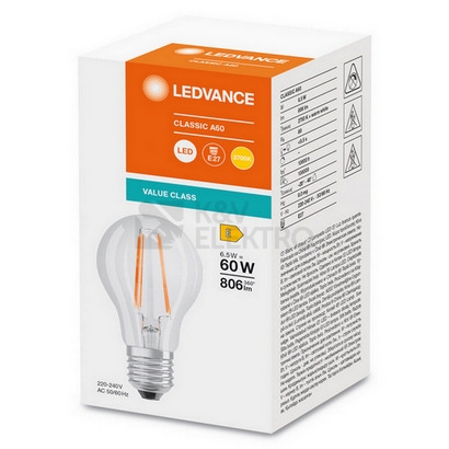 Obrázek produktu LED žárovka E27 LEDVANCE Filament CL A FIL 6,5W (60W) teplá bílá (2700K) 1