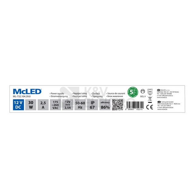 Obrázek produktu LED napájecí zdroj McLED 12VDC 2,5A 30W ML-732.104.39.0 3