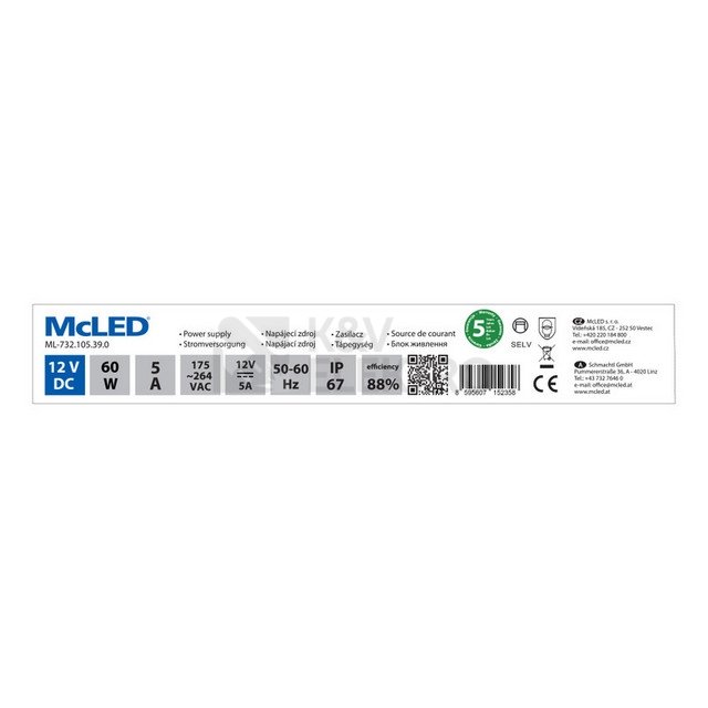 Obrázek produktu LED napájecí zdroj McLED 12VDC 5A 60W ML-732.105.39.0 3