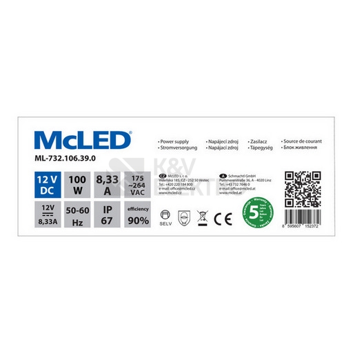 Obrázek produktu LED napájecí zdroj McLED 12VDC 8,33A 100W ML-732.106.39.0 2