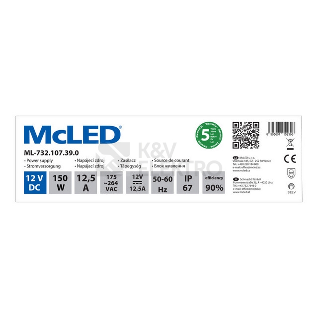 Obrázek produktu LED napájecí zdroj McLED 12VDC 12,5A 150W ML-732.107.39.0 3