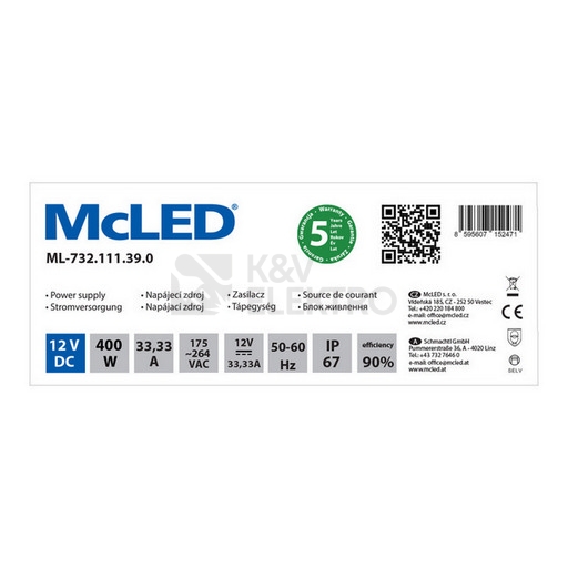 Obrázek produktu LED napájecí zdroj McLED 12VDC 33,33A 400W ML-732.111.39.0 3