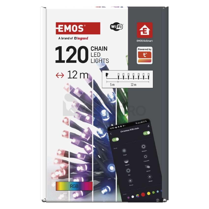 Obrázek produktu Vánoční osvětlení EMOS GoSmart (WiFi) D4ZR02 120LED řetěz 12m RGB 64 programů s časovačem 10