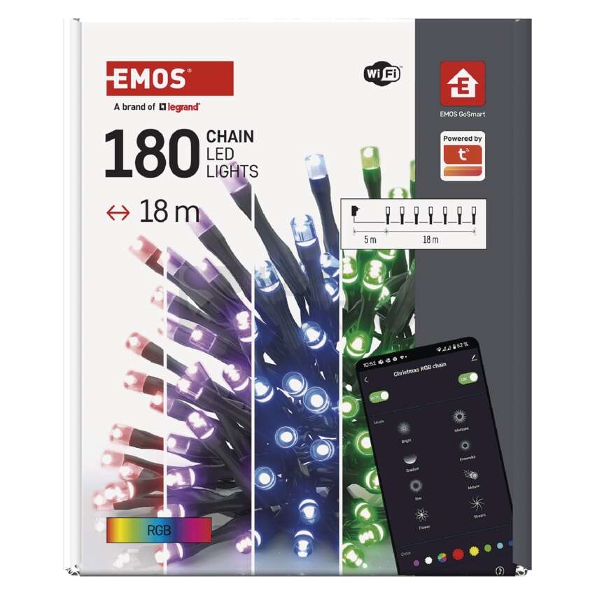 Obrázek produktu Vánoční osvětlení EMOS GoSmart (WiFi) D4ZR03 180LED řetěz 18m RGB 64 programů s časovačem 10