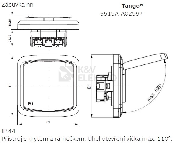 Obrázek produktu ABB Tango zásuvka IP44 bílá 6619A-A06997 B (2CHA196997A6500) 2