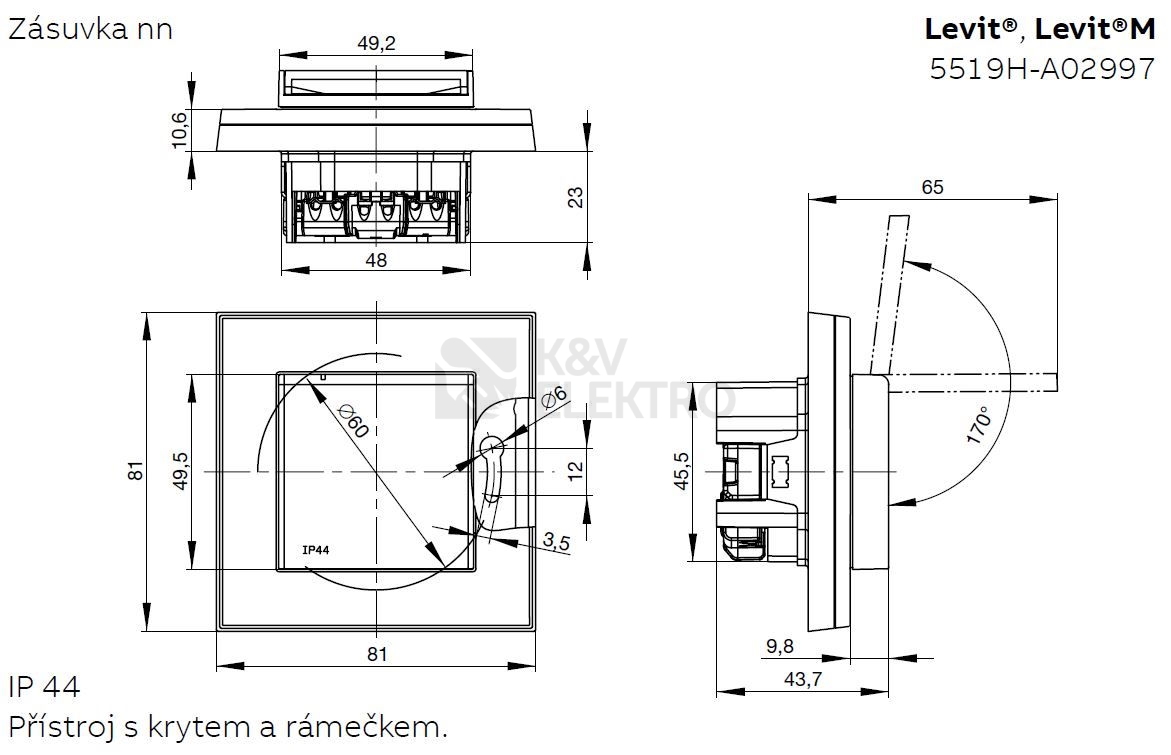 Obrázek produktu ABB Levit M zásuvka IP44 onyx/kouřová černá 6619H-A06997 63 s clonkami (2CHH196997A6063) 1