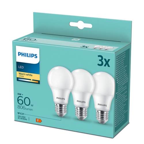 LED žárovky E27 Philips A60 8W (60W) teplá bílá (2700K) 3ks