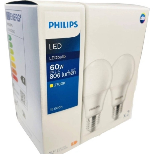 LED žárovky E27 Philips A60 8W (60W) teplá bílá (2700K) 2ks