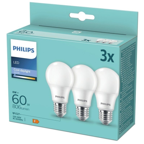 LED žárovky E27 Philips A60 8W (60W) studená bílá (6500K) 3ks