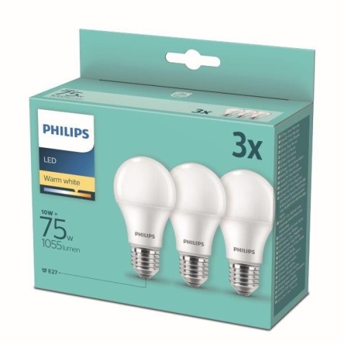 LED žárovky E27 Philips A60 10W (75W) teplá bílá (2700K) 3ks