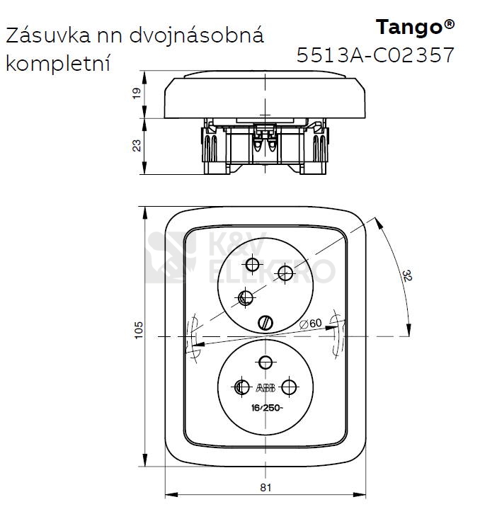 Obrázek produktu  ABB Tango dvojzásuvka bílá 5513A-C02357 B s clonkami PROMO balení 9+1 2